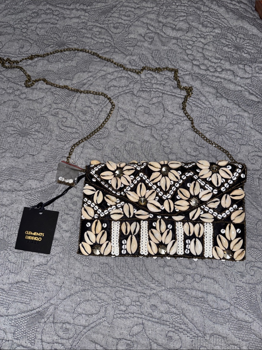 NWT Clements Ribeiro Black Embellished Seashell Crossbody Bag Beige Sequin Beads